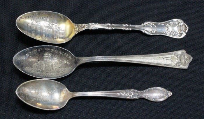 Sterling Silver Souvenir Spoons, Court House Palmyra, Rob Morris Session And Public School Shelbyville, Total Qty 3