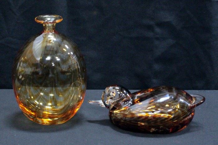 Heavy Murano Glass Duck And Heavy Matching Vase 8"H