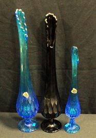 Fenton Blue Flung Glass Vases (2) And Unmarked Black Flung Vase, Total Qty 3