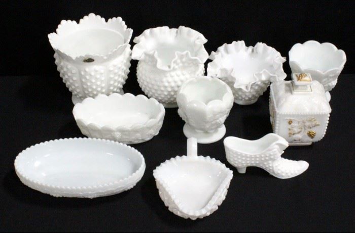 Milk Glass, Hobnail, Grape And More, Vase, Candy Baskets, And More, Total Qty 10
