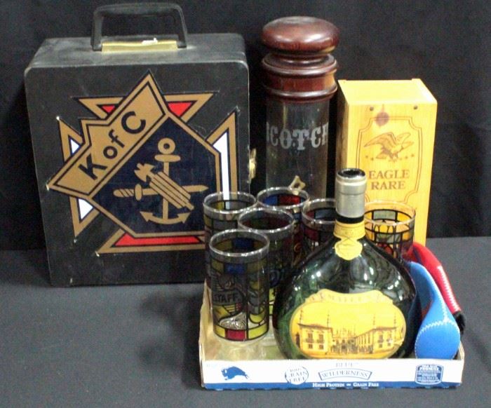 Knights Of Columbus Portable Bar Ware Set,Scotch Dispenser, Falstaff Beer Glasses (6), And More