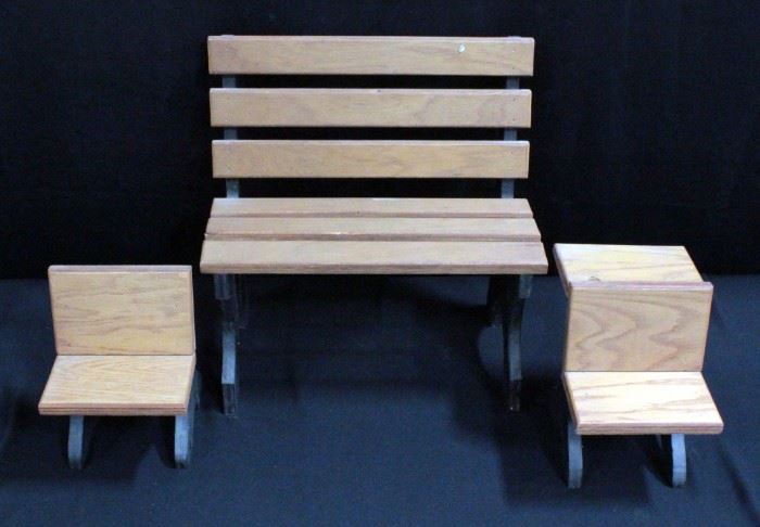 Child's Wood Bench And Doll School Desk & Chair