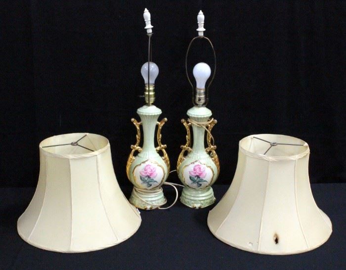 Retro Green, Gold And Pink Ceramic Parlor Lamps, 26"H, With Shades, Qty 2