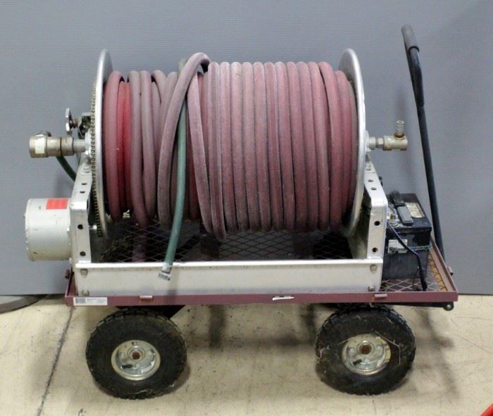 Battery Operated Hose Reel On 4-Wheel Utility Cart