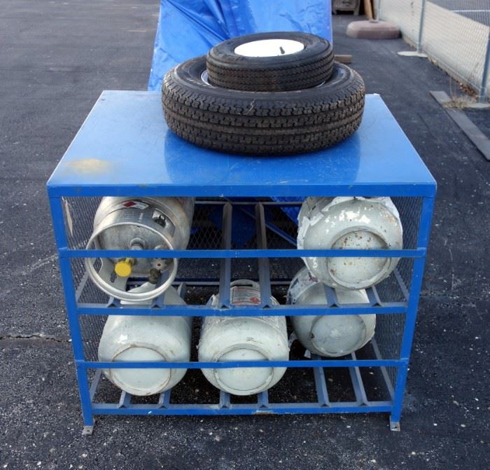 Propane Cage With 5 Propane Bottles, Trailer Tire And Car Tire