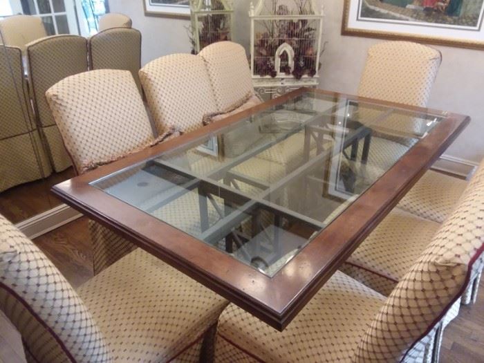 Wood and Glass Dining Room Table and 8 Chairs