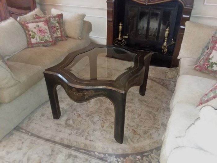 Stenciled Wood and Glass Coffee Table