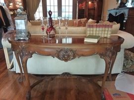 Carved Drop Leaf Table with Pair of Lanterns, Decanter and Stemware with Antique Books