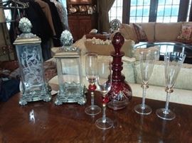 Pair of Lanterns, Decanter and Stemware