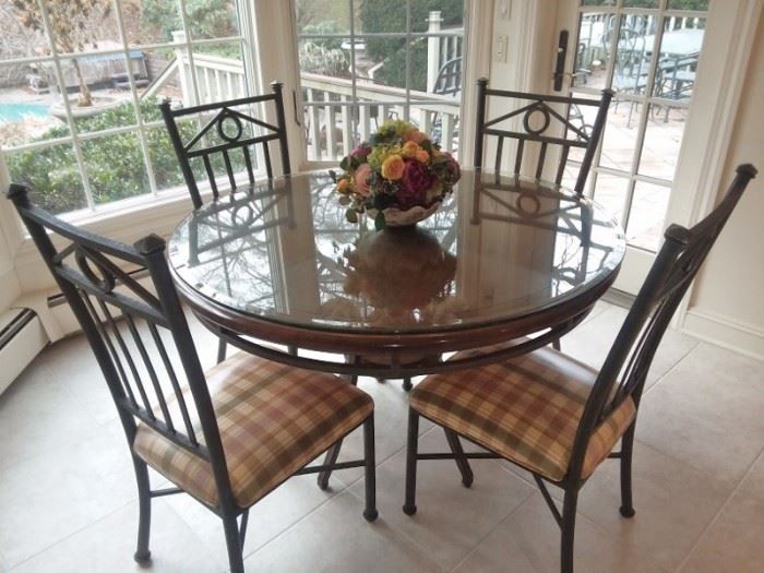 Round Wood and Metal Kitchen Table with Protective Glass Top and 4 Chairs and Decorative Floral 