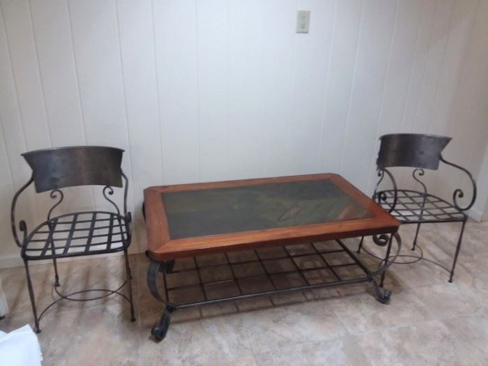 Pair of Metal Chairs and Coffee Table