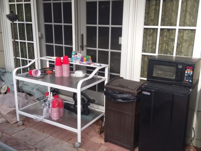 Work Table on Casters, Trash Bin and Mini Fridge with Microwave