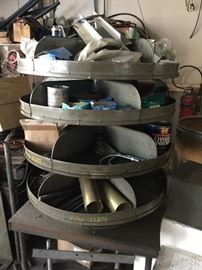 Round parts bin and good metal table 