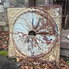 Antique ceiling decoration -- medallion -- paint is flaking but the patina is beautiful! Could be wall decor (already pre-hung with wire!) or used in a garden as the backing for a fountain.
