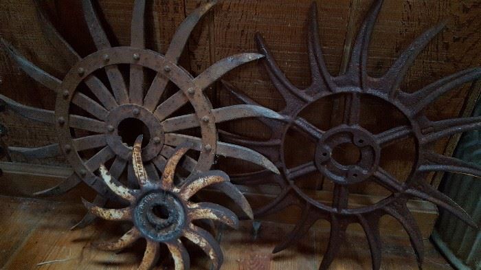Farm implements, antique tiller gears