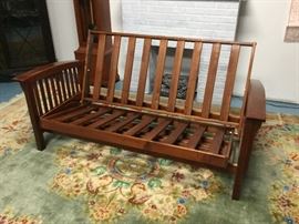 Mission style custom-made futon frame built with options for multiple positions 