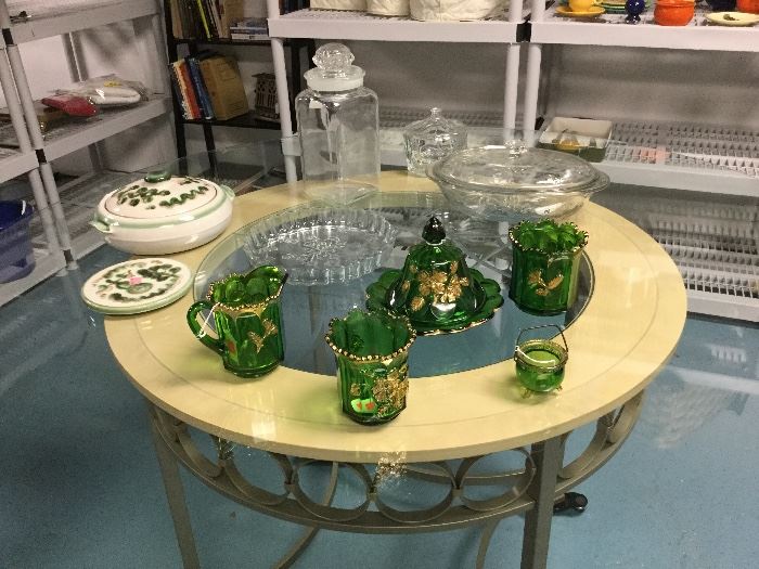 Northwood Glass Serving pieces. Hadley grape and pear casserole and trivet 