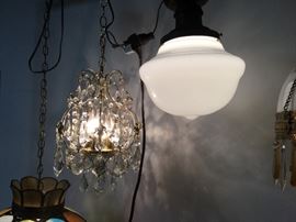 Brass and crystal teardrops light fixture. Old schoolhouse light fixture.