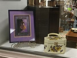 Aldo Luongo Framed and Matted Print. Vintage decoupage box purse.