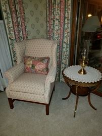 Gorgeous antique inlayed parlour table; beautiful armchair, kerosene lantern.