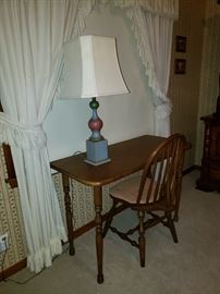Very cute desk table, antique chair, lamp