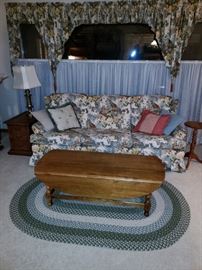 Ethan Allen living room sofa, end tables, coffee table, rug