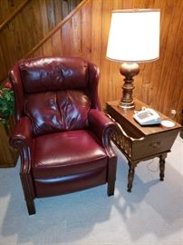 Leather recliner in MINT condition; awesome end table; lamp; large button phone