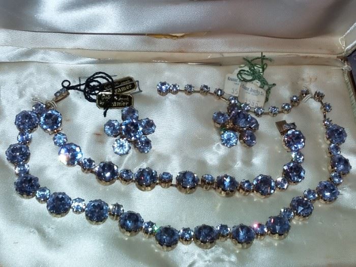 Vintage Sparkly Kramer Aquamarine Jewelry Set in Original Box with Original Tags