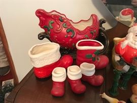 Vintage Christmas items, Handpainted sleigh, Santa boots.