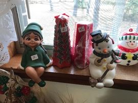 Candles, and hand painted ceramic figurines for christmas