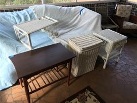 End tables, bed tray, wicker hamper