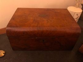 burled walnut vintage portable writing desk box. equipped with ink well.
