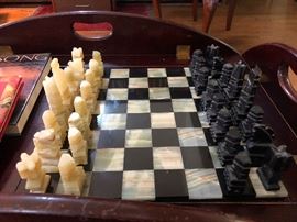 Onyx chess set with mother of pearl inlay board