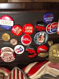 Vintage and antique campaign pins and bumper stickers
