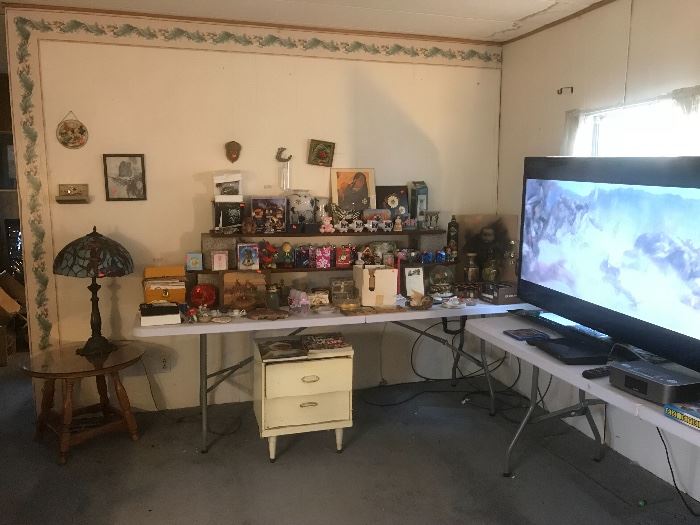  Firefly Tiffany lamp, lots of brand new Christmas gifts ,65 inch Samsung flatscreen TV , sewing supplies, jewelry boxes, collectible bottles, Yellowstone piggy banks, Blueray player