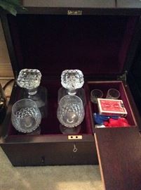 Liquor set with decanters glasses poker chips and cards