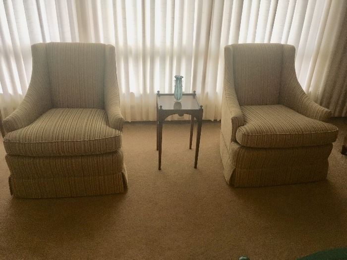3 MCM upholstered chairs with wood legs (under the skirt) Good bones!