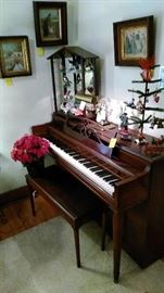 Spinet piano with bench, Lenox birds in display case