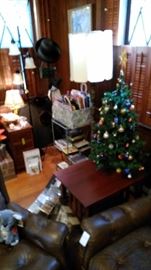 Mission end table with tree and assorted Christmas items