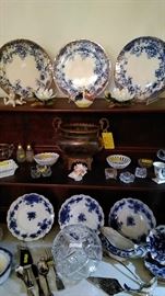 Flow blue items and Waterford rose bowl
