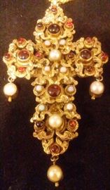Austro Hungarian Silver Gilt Pectoral Cross Natural Stones - Cabochon Garnets; Baroque Pearls; Opals