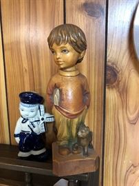 ANRI Wood Sculpture Boy with Kitten