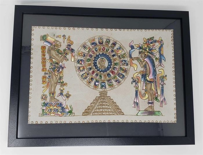 Framed Ancient Aztec Mayan Calendar Hand Painted on Suede
