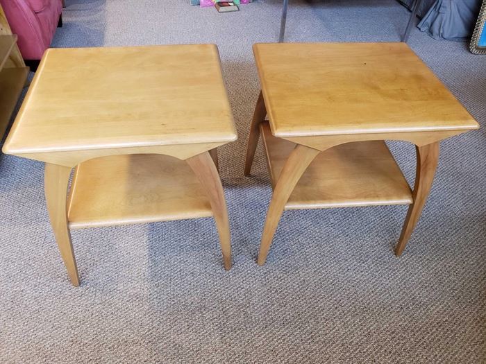 Pair Heywood-Wakefield M-993-G 7 Champagne Lamp Tables with Shelves