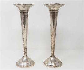 Pair Sterling Trumpet Vases 