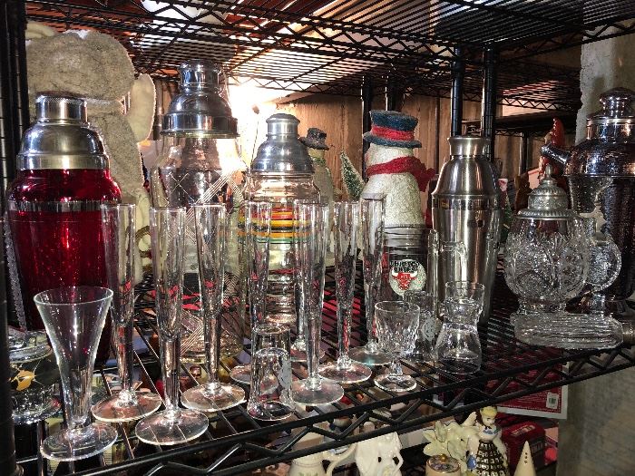 Vintage glassware, bar glasses, shakers