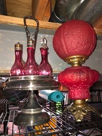 Vintage Cranberry glass cruet set;  VINTAGE RED GLASS GONE WITH THE WIND lamp