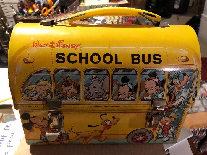 Vintage Walt Disney school bus lunch box, with thermos