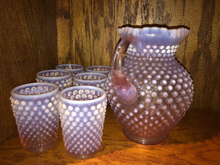 Fenton opalesque pink hobnail pitcher and 6 glasses