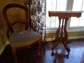 Victorian slipper chair - with a floral needlepoint seat + Victorian parlor table